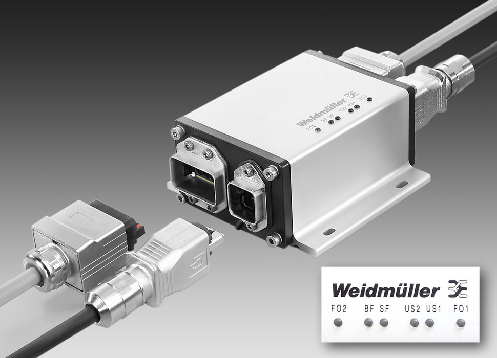 魏德米勒的'FreeCon主动中继器：用于诊断光信号的PROFINET光纤聚合物（POF）中继器。 – 符合AIDA规格（德国汽车制造业的自动化倡议）。 – 用于终止SC - RJ连接器的多功能工具HTX – IE光纤聚合物（POF）。